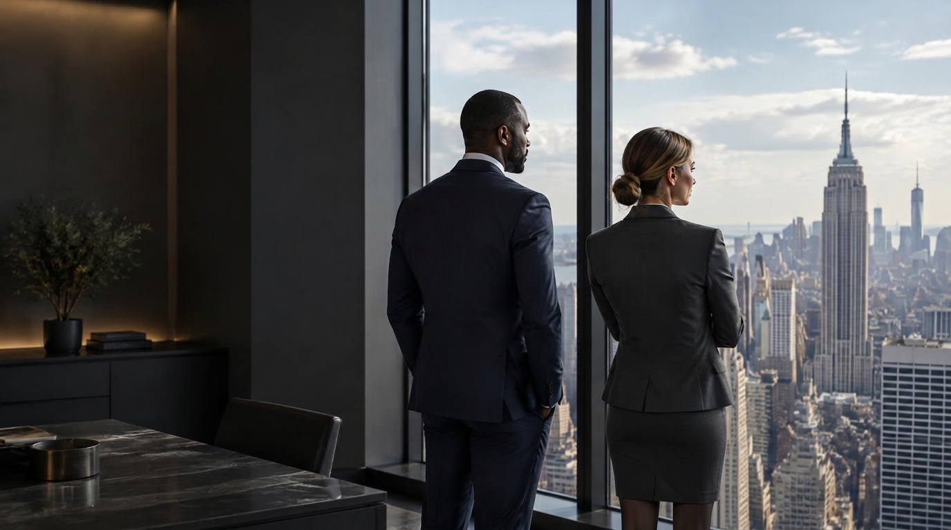 Two corporate accountants overlooking the New York skyline from a high-rise office
